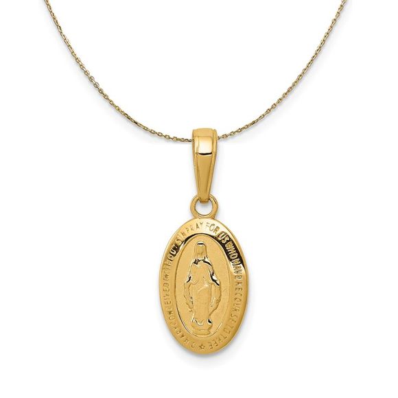 14k Yellow Gold Small Oval Miraculous Medal Necklace - 16 Inch